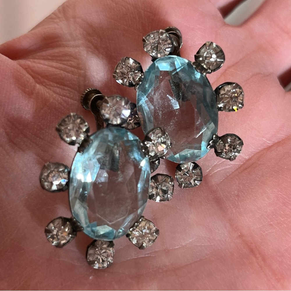 Antique Art deco Sterling Silver oversized pale blue quartz Screw back earrings - Picture 9 of 15